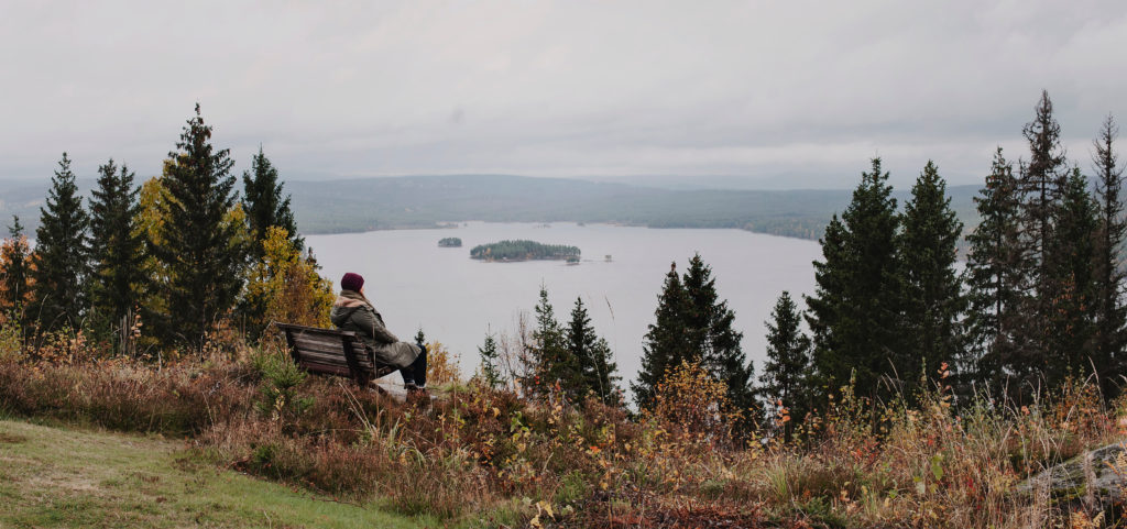 En kvinne sitter på en benk og ser utover en innsjø på Finnskogen