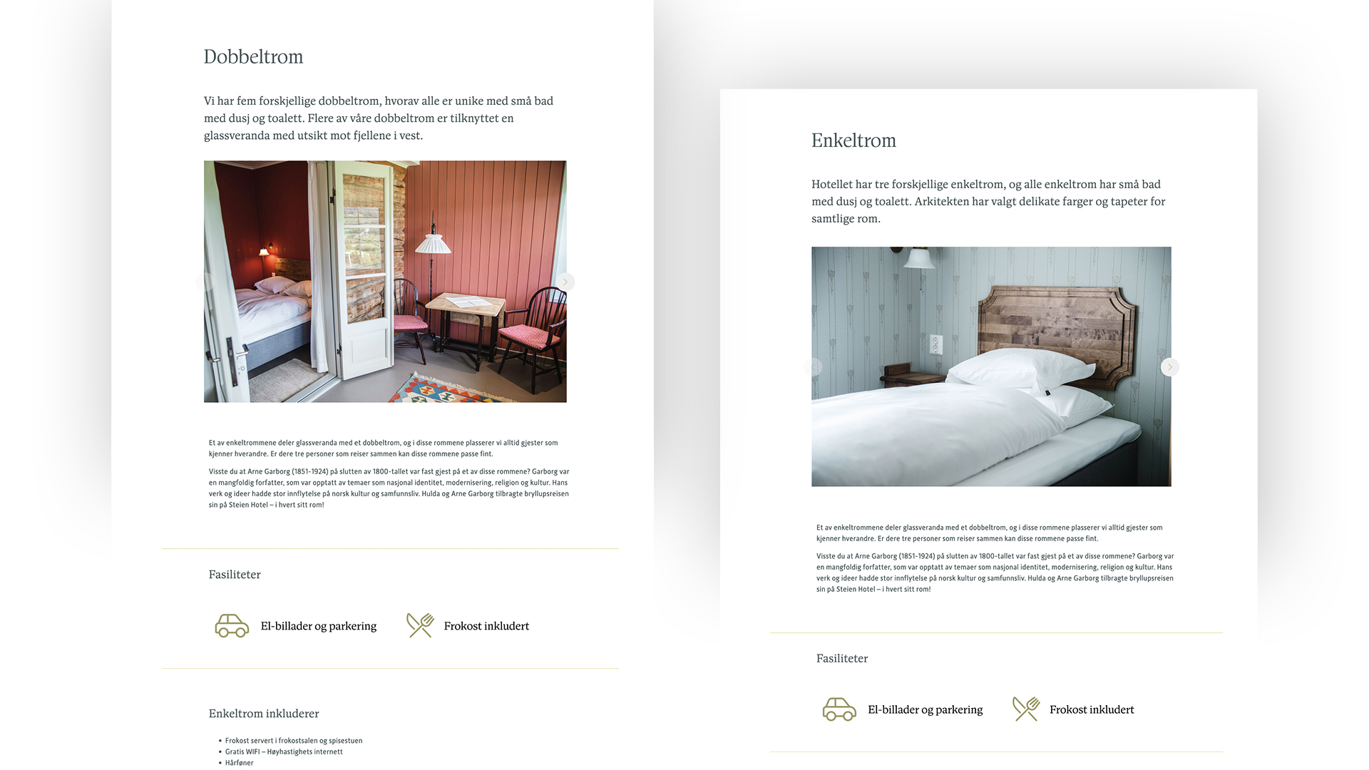 Skjermbilder av to overnattingssider på nettsiden til Steien Hotel, laget av Haus byrå